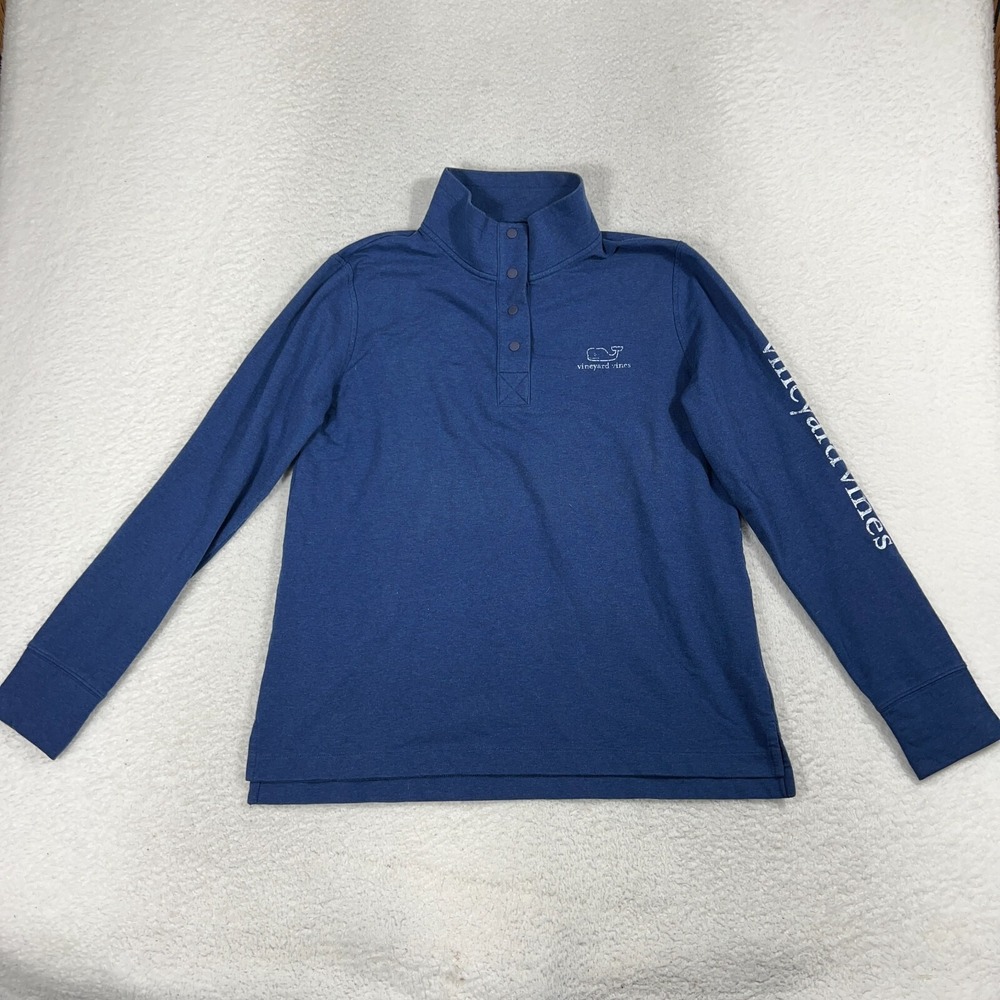 Vineyard Vines Logo Quarter Snap Blue Pullover Fleece Mens M Spell Out Long Neck